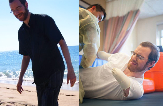 Left: Will on vacation. Photo courtesy of Will Lautzenheiser Right: Will at physical therapy six months after his amputations. Photo by Asia Kepka