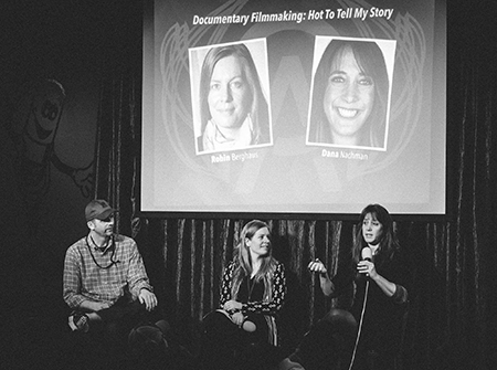 Directors Robin Berghaus and Dana Nachman speak with high school students at OFF Academy during the Omaha Film Festival. Photo by  Jerred Zegelis